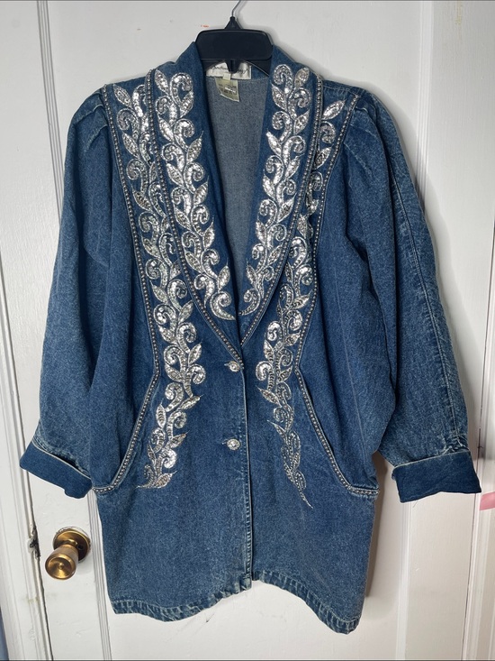 Southwest pizzazz Jackets & Blazers - Vintage Denim Sequins Jacket 80s Large Beaded Cotton Long Length Golden Girls L